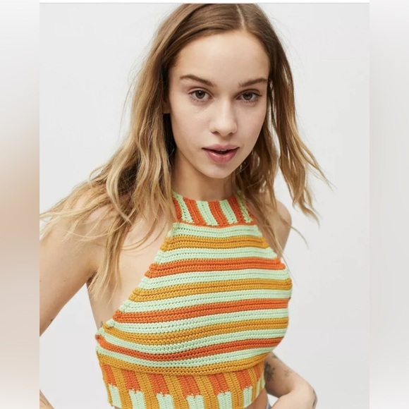 Urban Outfitters Tops - Urban Outfitters Seraphina Striped High Neck Knit Tank Top Orange/ green medium